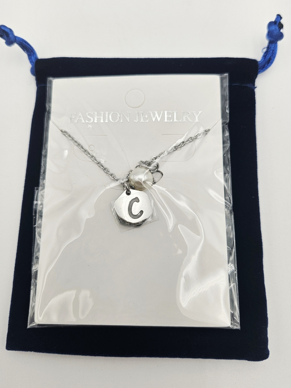 Fashion Jewelry Silver Initial C Hexagon Pendant Necklace